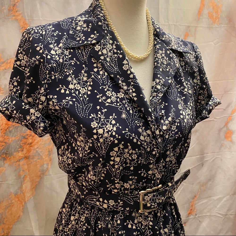 Vintage Leslie Fay Navy Flower Belted Dress 6